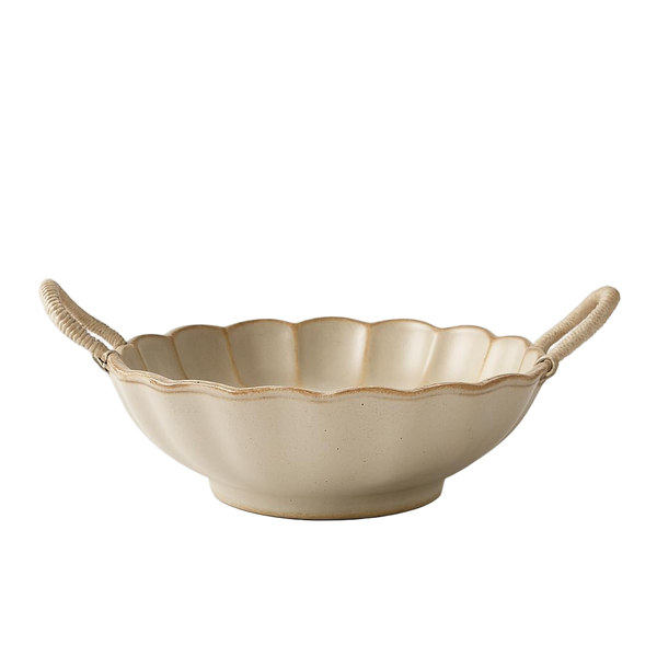 Small Vintage Scalloped Ceramic Bowl with Rope Handles
